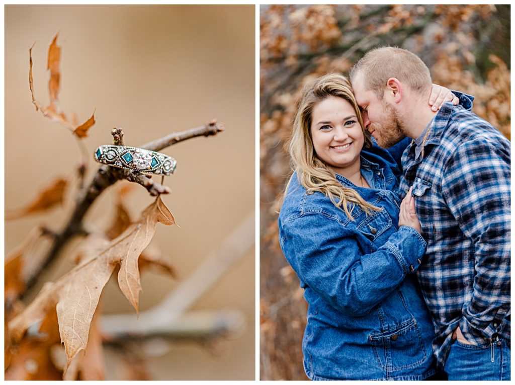 Couple posing in the woods and engagement ring