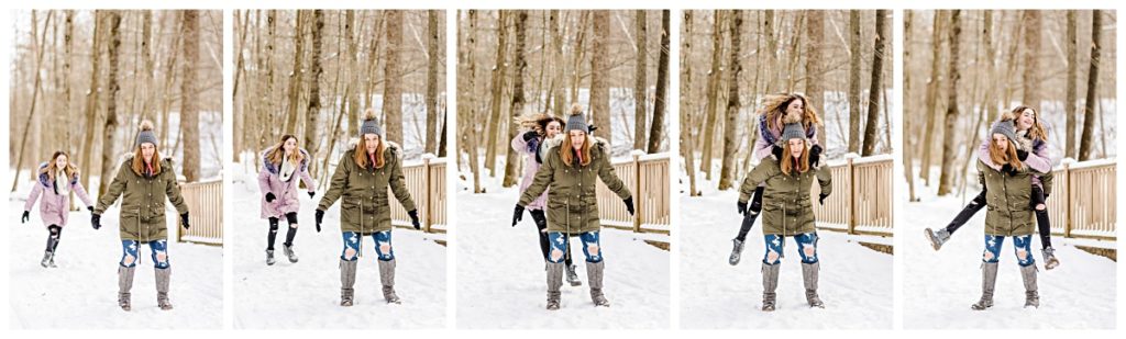 winter girl outfit snow pictures friends jumping on back