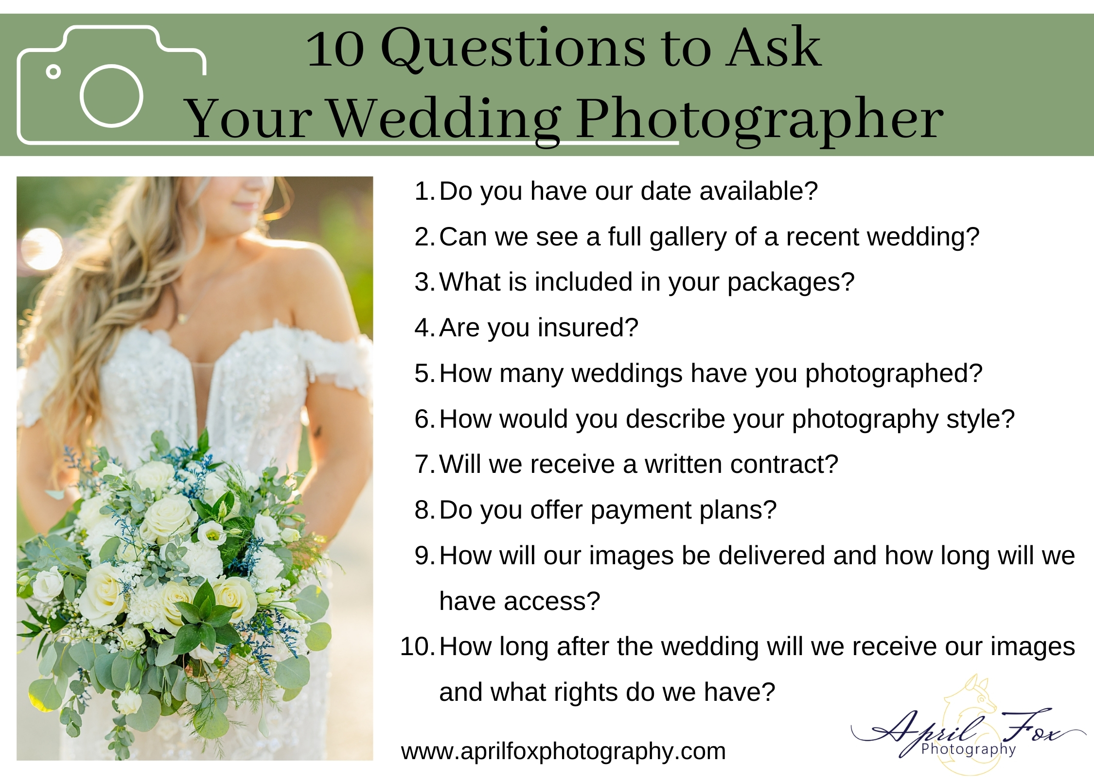 List of 10 questions to ask a wedding photographer