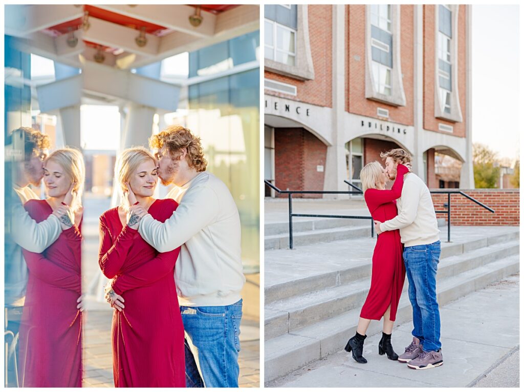 Two photos from an engagement session of a couple hugging. 