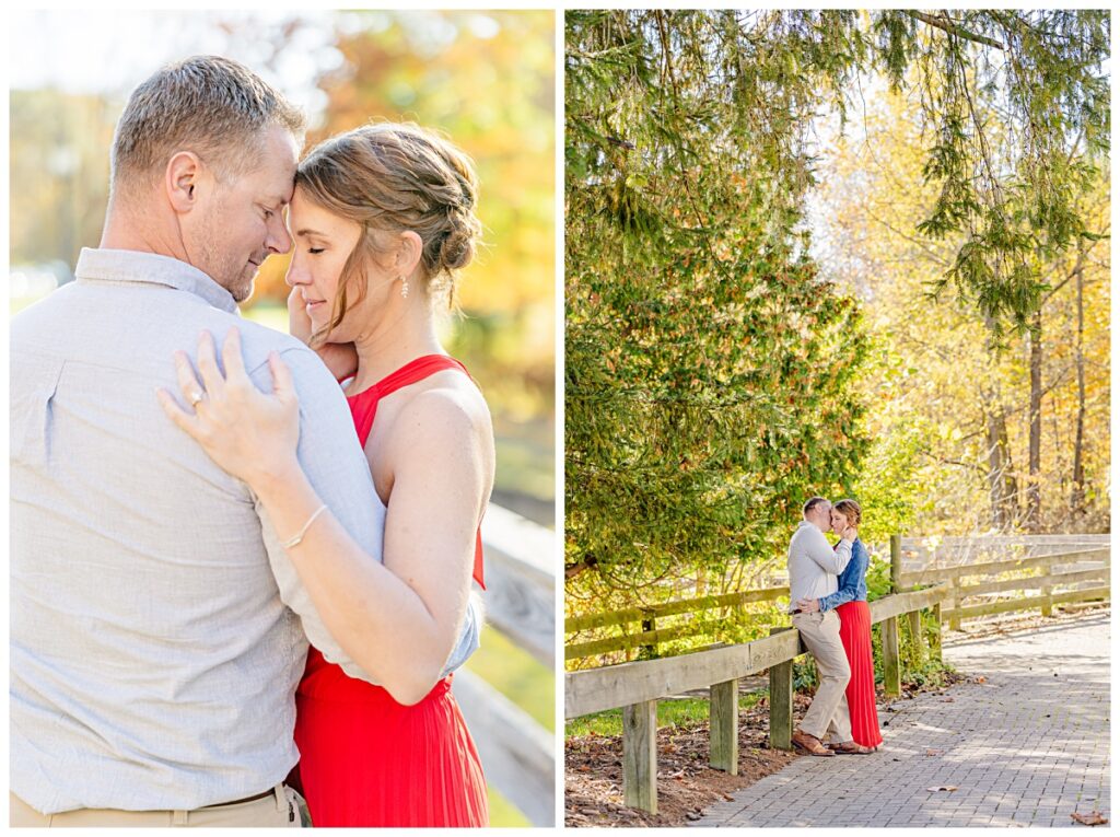 Couple posing during an engagement session at Wolcott Mill Metropark.