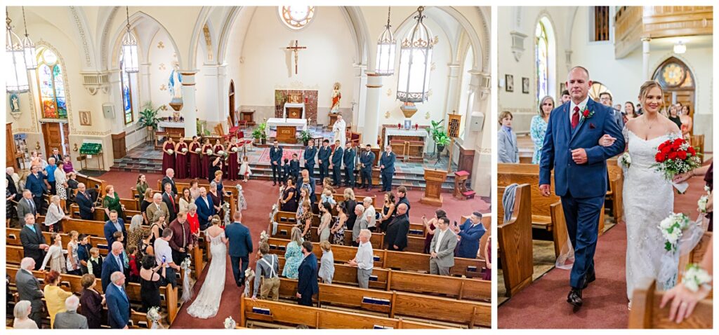 Second photographer and main photographer's images of the bride walking down the aisle with her father 