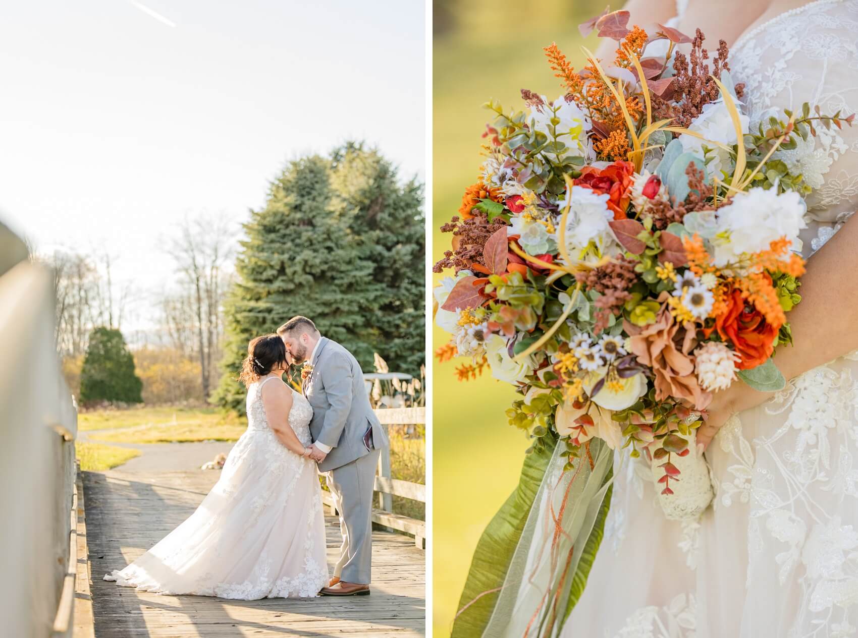Newlyweds kiss on a boardwalk at sunset next to details of the beautiful colorful bouquet