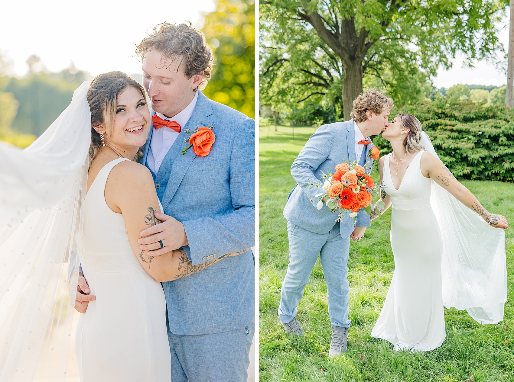 Newlyweds laugh and kiss in the lawn of the cascades manor wedding venue at sunset