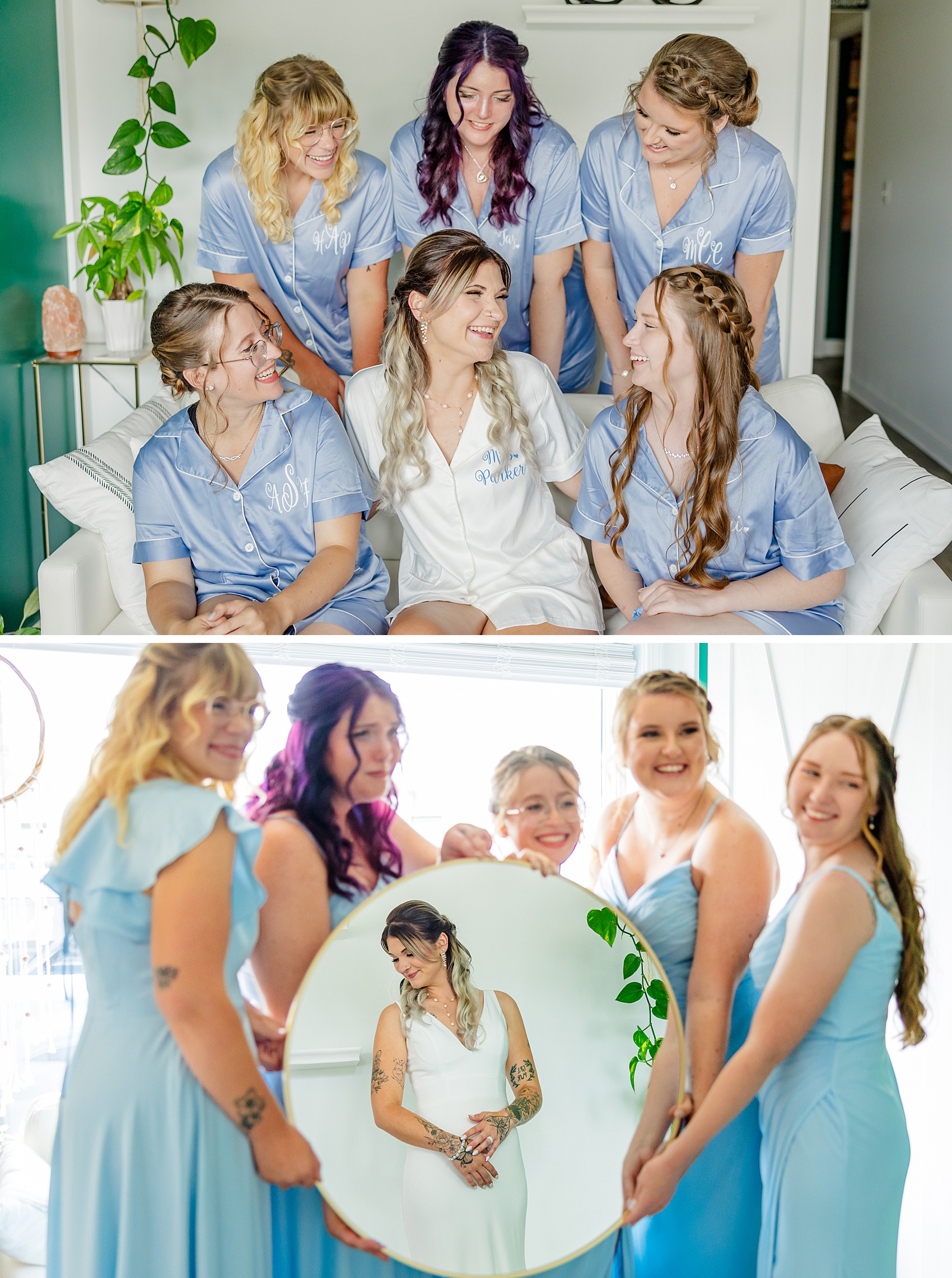Happy bride laughs with her bridesmaids in pajamas on a couch at the cascades manor wedding venue above the dressed bridesmaids holding a mirror up for the bride