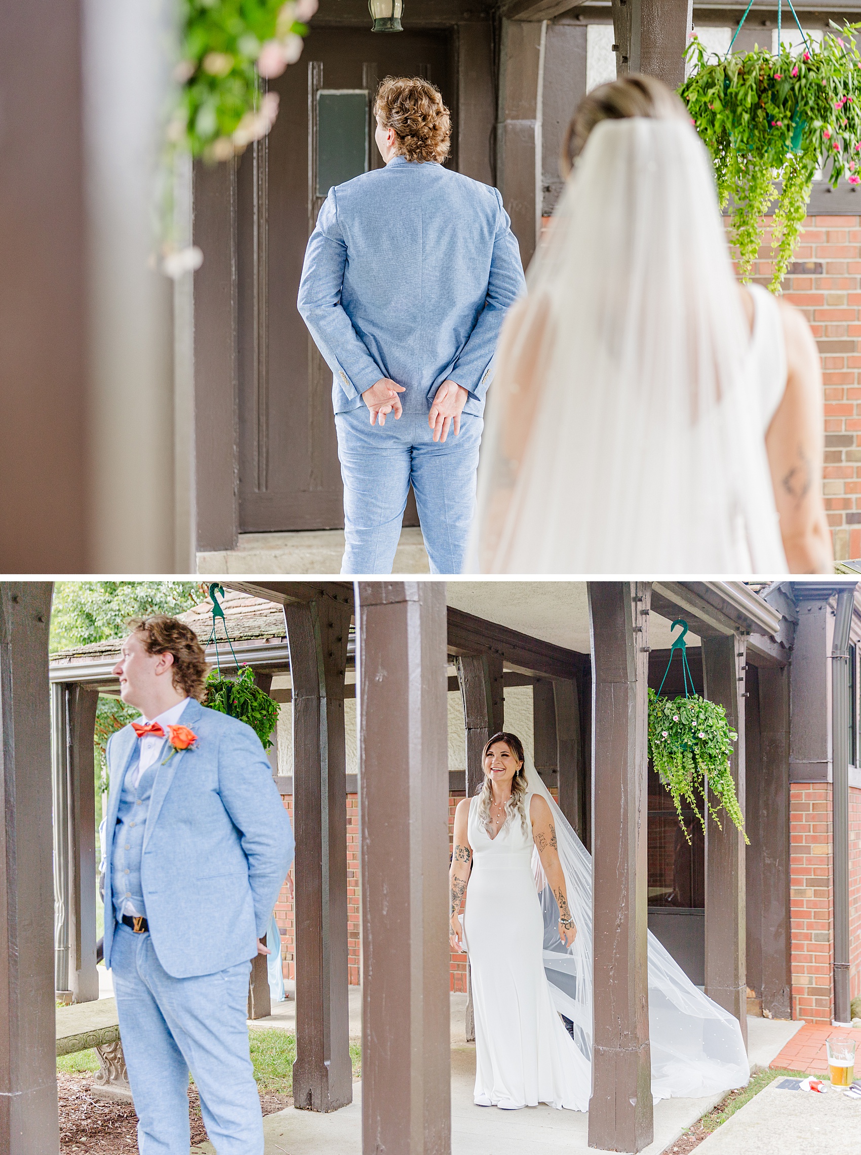 A groom waits for his bride while not looking at her for their first look in a covered walkway
