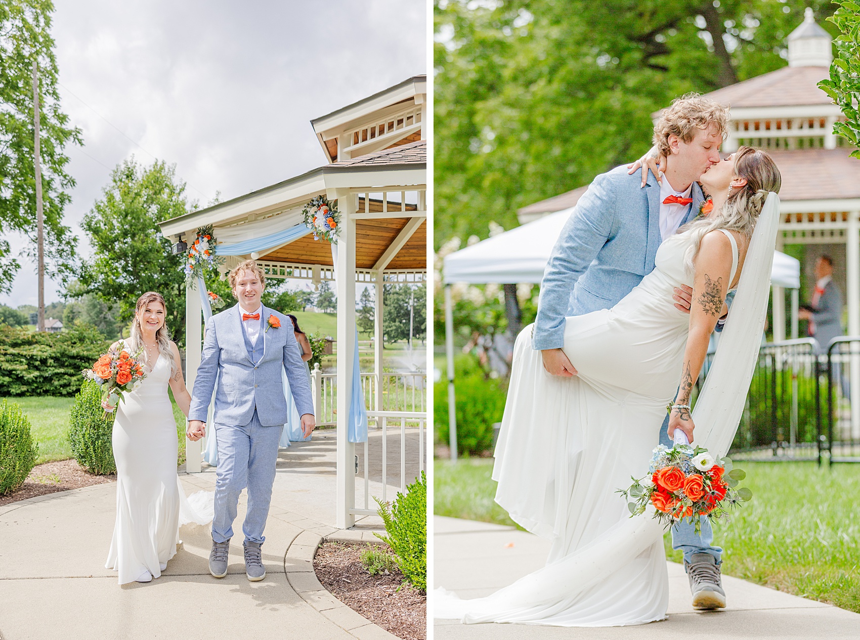 A groom walks his bride to a dip and kiss at the end of their ceremony leaving a gazebo