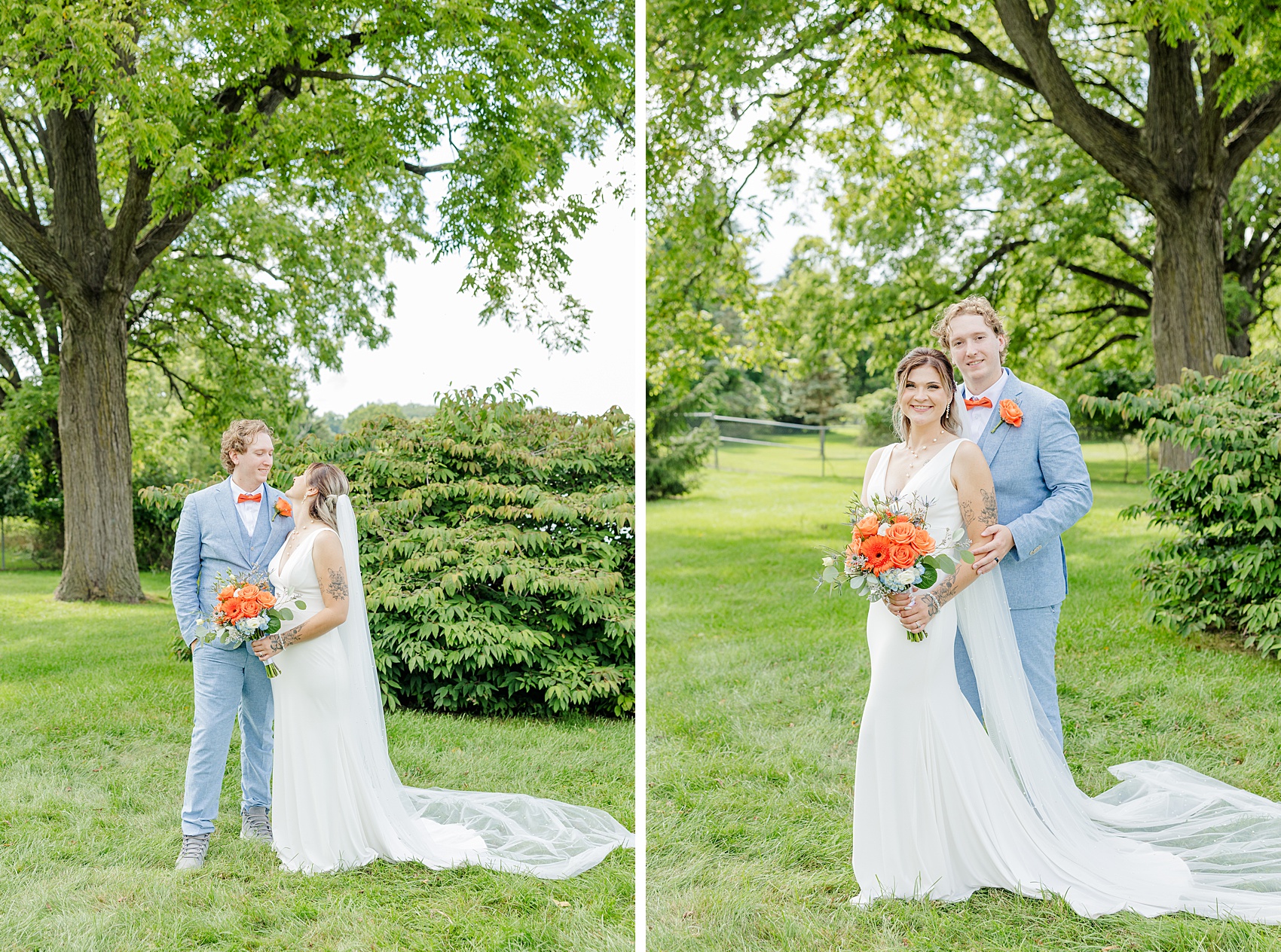 A bride and groom smile at each other next to them standing and smiling forward under a tree in the lawn of the cascades manor wedding venue