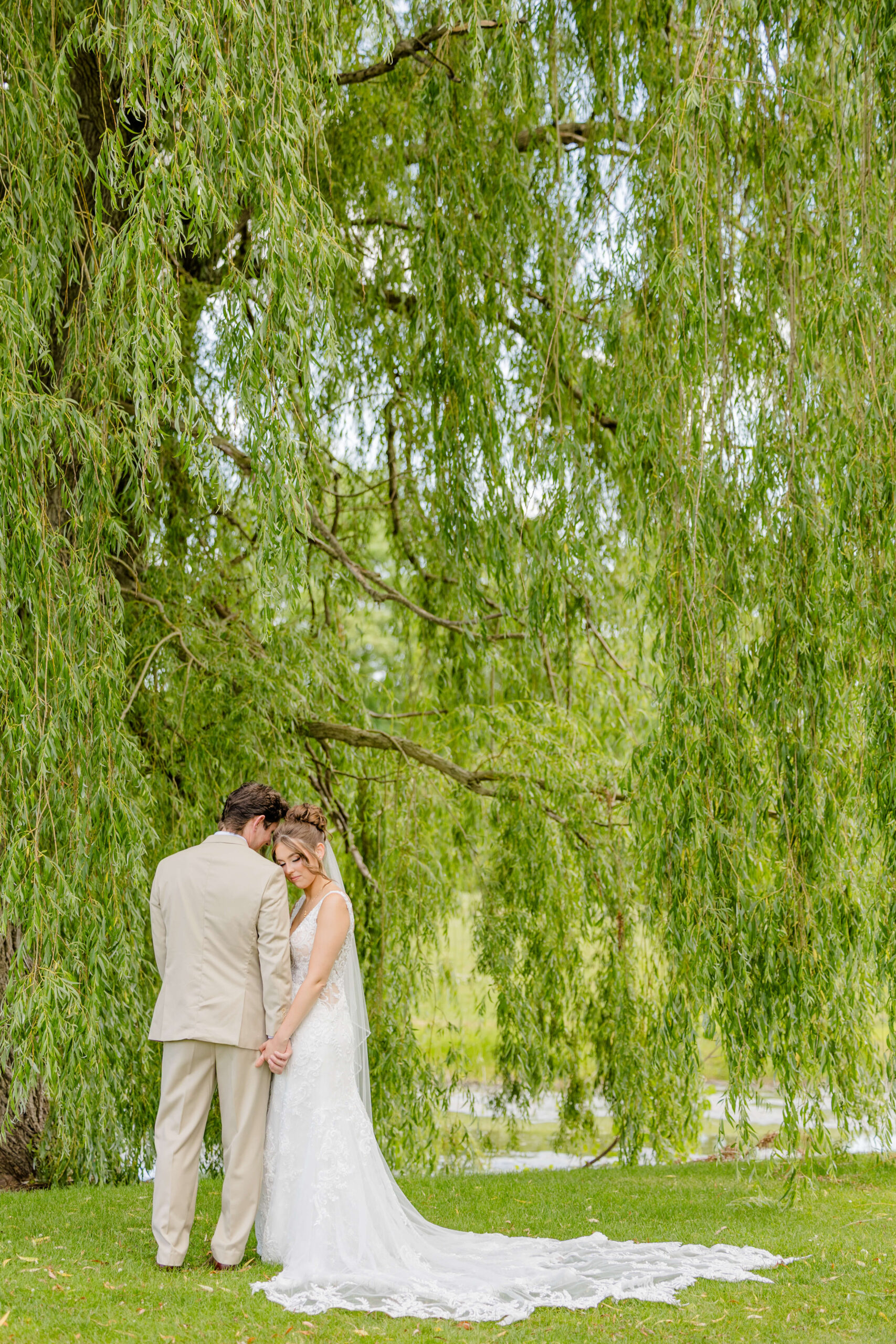 Newlyweds snuggle under a willow tree during their golden hawk golf course wedding